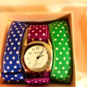 Geneva 3 band strap polka dot watch set